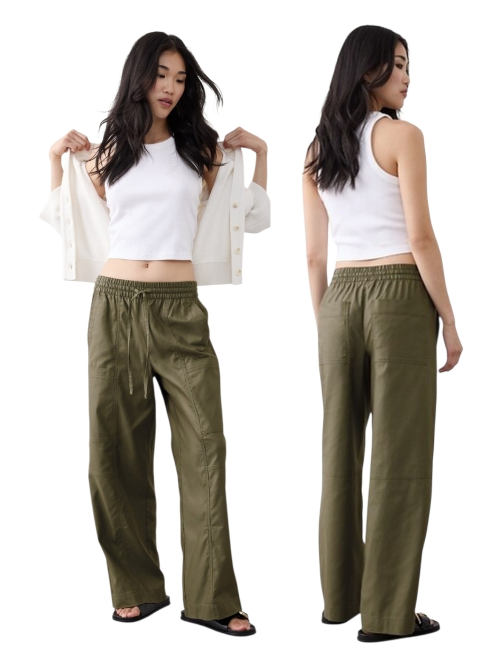 NWT Banana Republic Fact 2025 Wide Leg Mid Rise Pull On Cargo Pant Olive Sz Sm